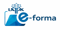 Uzraksts zilā krāsas E-forma, atvērtas mapītes simbols zilā krāsā un virs tās LATAK logo