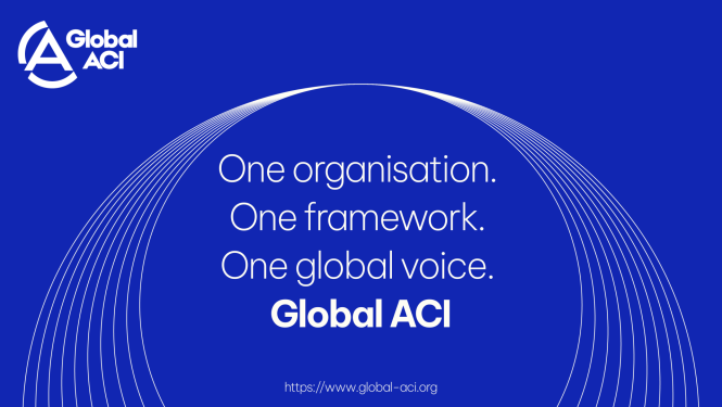 Zils fons ar baltām liektām līnijām varavīksnes formā un jaunas GLOBAL ACI logo,teksts - saukļi par Global ACI