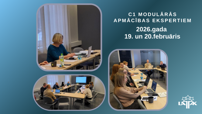 Zils fons, 3 foto ar cilvēkiem no apmācībām, balts teksts ar C1 moduļa nosaukumu, LATAK logo baltā krāsā