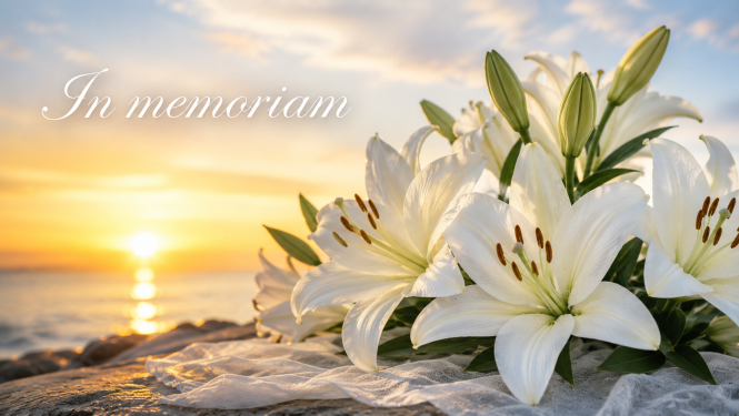 Batas lilijas priekšplānā, teskts - In Memoriam un saulriets un jūra