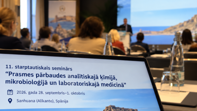 Konferences norise ar dalībniekiem un datoru priekšplānā, kurā redzama informācija par Eurachem semināru par prasmes pārbaudēm analītiskajā ķīmijā, mikrobioloģijā un laboratoriskajā medicīnā.