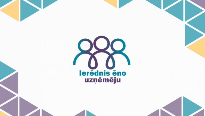Triju cilvēku graiskie attēli, dažādas krāsas noformējums fonā un teksts - Ierēdnis ēno uzņēmēju
