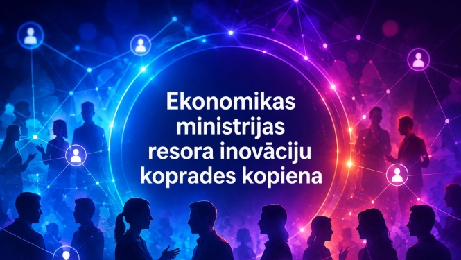 Nākotnes futūristiks fons ar cilvēku siluetiem, centrā spīdošs loks ar uzrakstu par koprades kopienu EM un resorā