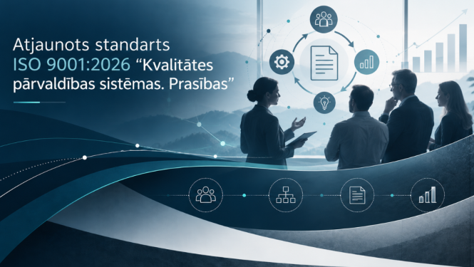 Ilustrācijā redzama četru profesionāļu grupa, kas apspriež kvalitātes pārvaldības procesus. Fonā attēlota procesa shēma ar dokumenta, cilvēku, organizācijas struktūras un datu analīzes simboliem, kā arī augšupejoša diagramma. Kreisajā pusē izvietots virsraksts par atjaunoto standartu ISO 9001:2026.