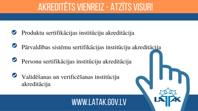 Teksts par pilntiesīga biedra statusu, roka ar rādītājpirkstu uz tekstu un LATAK logo