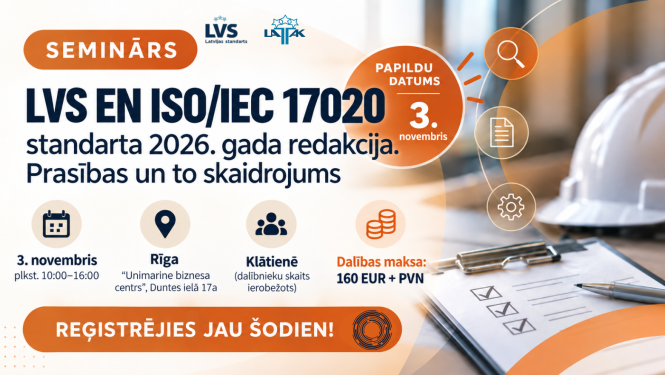 Semināra nosaukums un papildinformācija vizuāļa kreisajā pusē, labajā pusē būvnieku balta ķivere un piezīmju lapa uz galda. Ornažīgi balts krāsojums