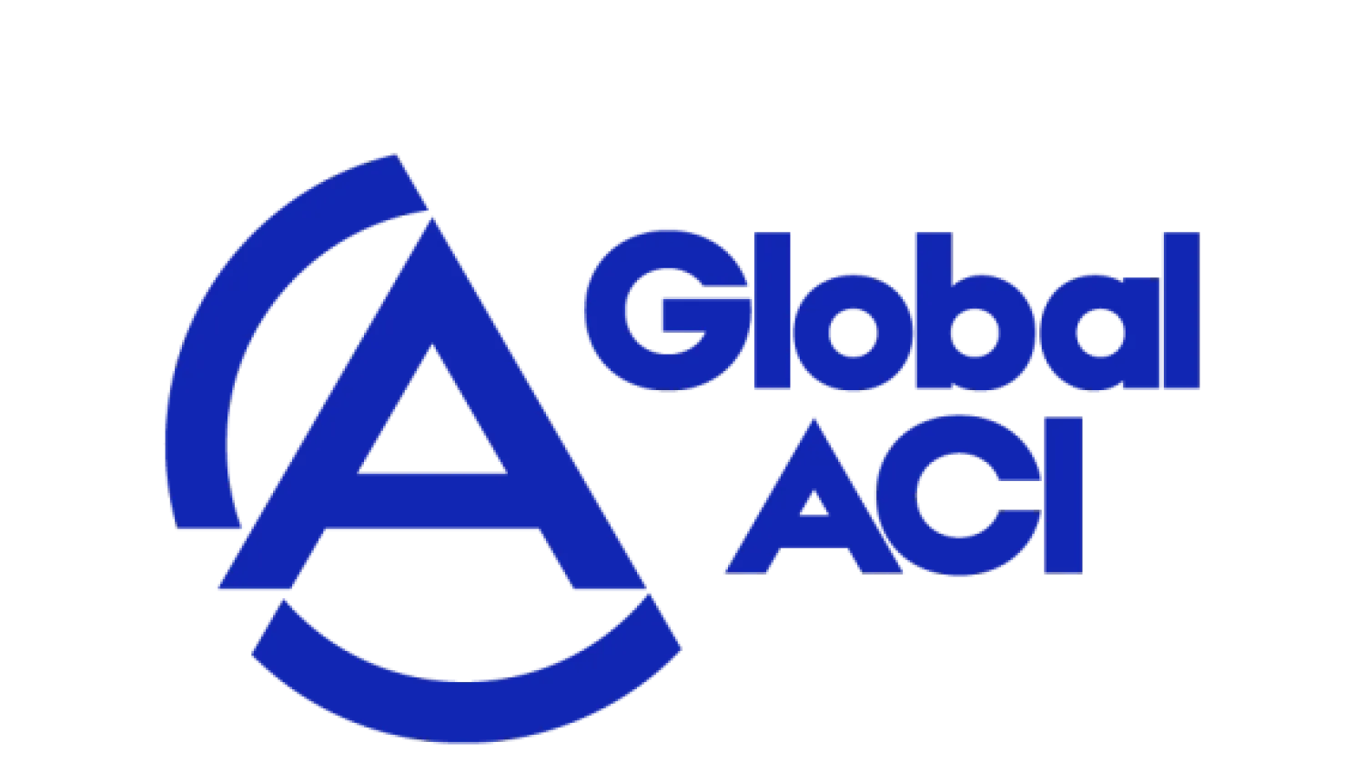 Global ACI logo, zilā krāsā nosaucuks un zilā krāsā emblēma, kur A burts izcelts un apkārt kreisajā pusē 2 loki 
