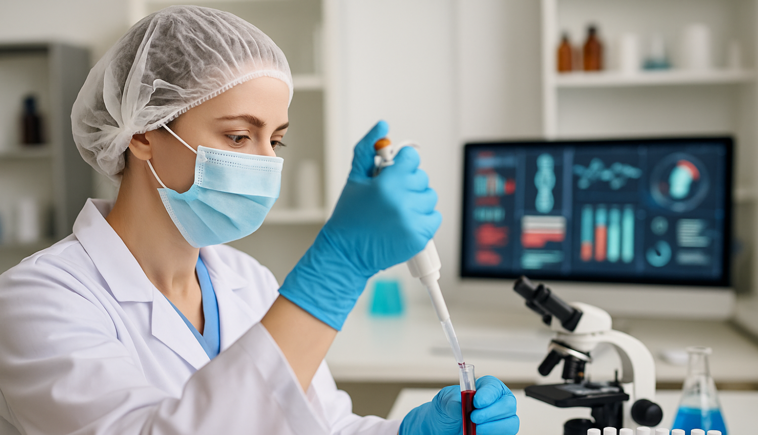 Sieviete ar medicīnisko sejas masku, zilos medicīniskos cimdos, laboratorijas telpās veic labroatorisko izmeklējumus