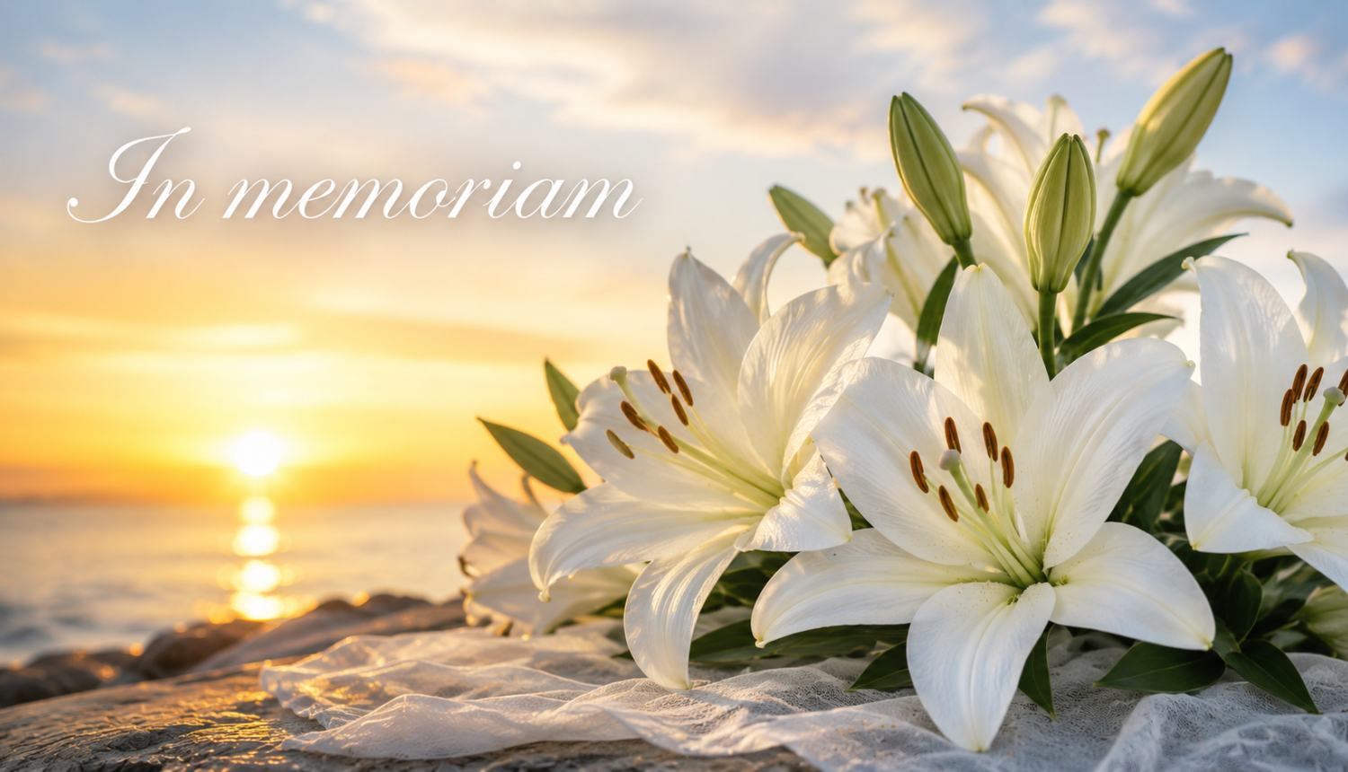 Batas lilijas priekšplānā, teskts - In Memoriam un saulriets un jūra