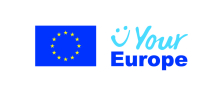 Eiropas Savienības karogs - zils ar dzeletnām zvaigznēm aplī, smaidiņš gaiši zilā krāsā un teksts - Your Europe