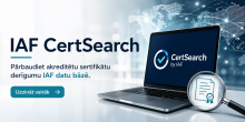 Baneris par IAF CertSearch – IAF globālo datubāzi akreditētu sertifikātu derīguma pārbaudei. Dators uz galda