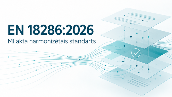 standarta 18286:2026 nosaukums un fonā zilganu nokrāsu klucīši, kas savienoti ar vairākām bultiņām