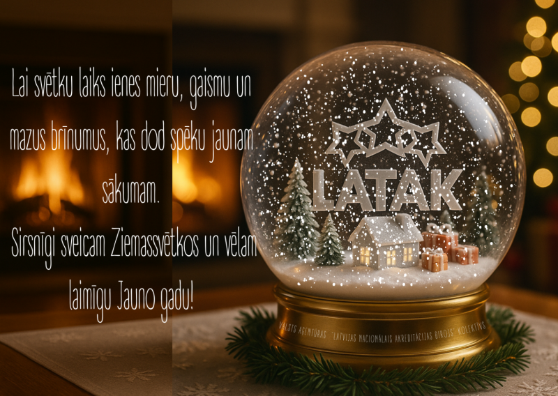 Ziemassvētku noskaņa, fonā kamīns ar uguni, gaismiņas, priekšplānā stikla bumba ar sniegu, centrā mājiņa apsnigusi un LATAK logo. Teksts ar apsveikumu
