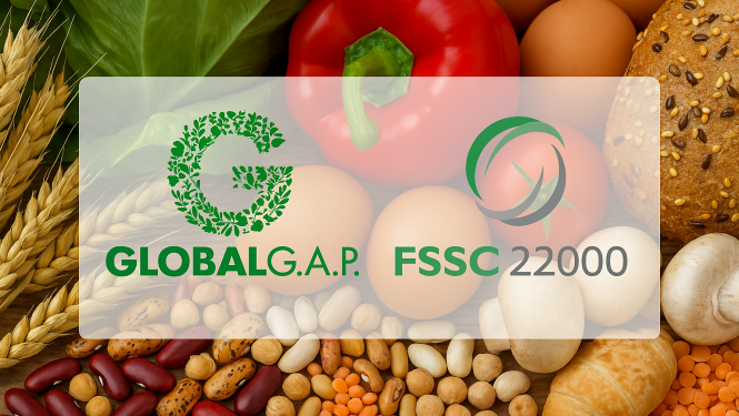 Fonā dažādi dārzeņi, maize, pupas, zirņi, olas, sēnes, priekšplānā GlobalGAP, FSSC un LATAK logo
