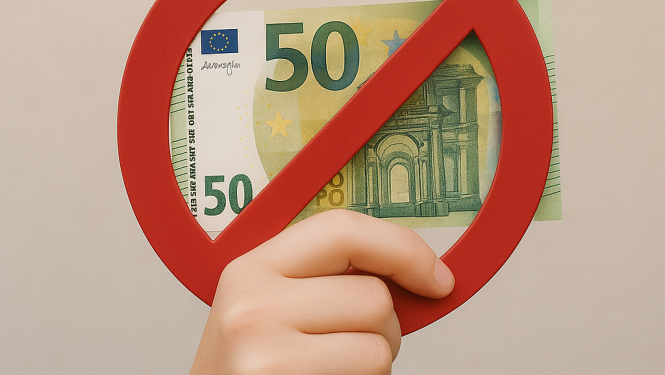 50 eiro naudas zīme, cilvēka roka, kas tur rokās aizlieguma zīmi sarkanā krāsā