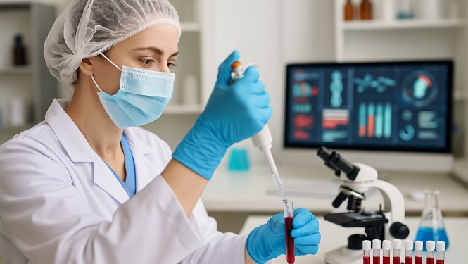 Sieviete ar medicīnisko sejas masku, zilos medicīniskos cimdos, laboratorijas telpās veic labroatorisko izmeklējumus