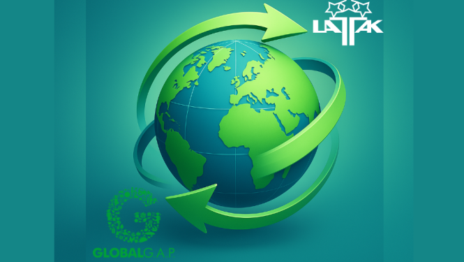 zemeslode, zaļas bultas tai apkārt, LATAK un GlobalGAP logotipi