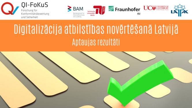 Logo ar pētījuma dalībniekie, pelēks fons ar dzeltenām svītrām un zaļu "pārbaudīts" zīmi