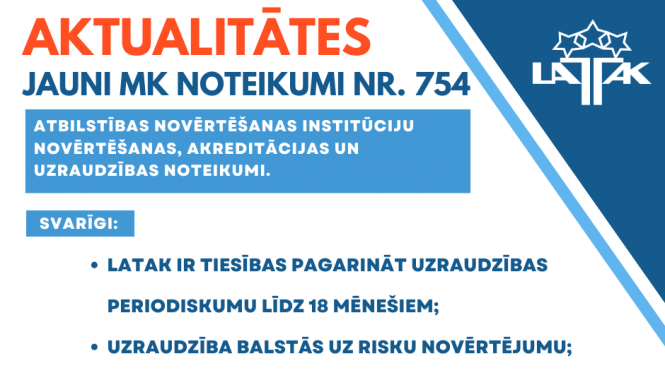 Teksts par aktualitātēm jaunajos noteikumos Nr.754. Balts fons, zili burti un LATAK logo