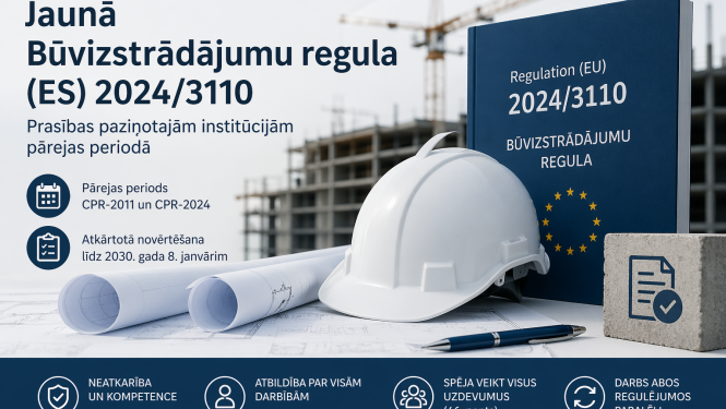 Attēlā redzama būvnieku ķiever balta, rasējumu 2 ruļļi, Regulas grāmatas attēlojums, kā arī saīsināts informatīvs teksts par jaunumiem saistītiem ar Regulu