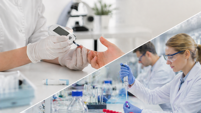 Attēls sadalīt divās daļās diagonāli, augšējā attēlā redzamas rokas, kur vienam tiek ņemts asinsparaugs no pirkta; otrā apakšējā attēlā ir redzama laboratorija, divi cilvēki strādā ar medicīnas laboratoriju priekšmetiem, kolbām, mēģenēm