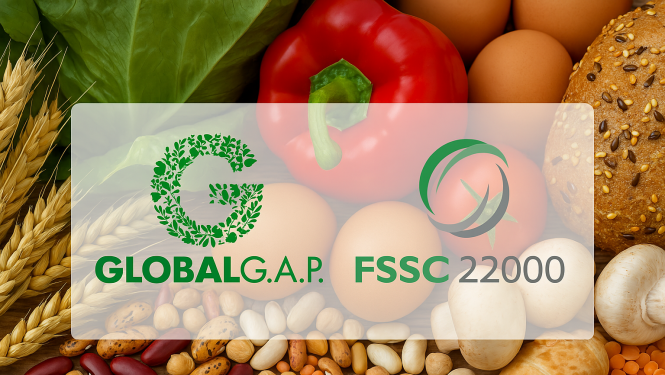 Fonā dažādi dārzeņi, maize, pupas, zirņi, olas, sēnes, priekšplānā GlobalGAP, FSSC un LATAK logo