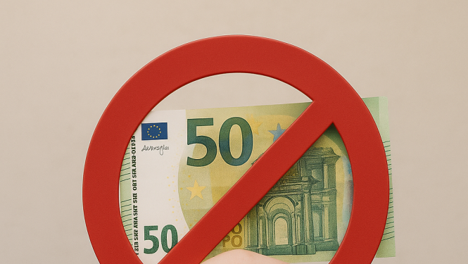 50 eiro naudas zīme, cilvēka roka, kas tur rokās aizlieguma zīmi sarkanā krāsā