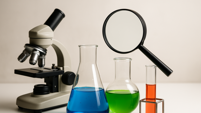 trīs dažādu izmēru kolbas ar šķidrumiem - zilā, zaļā, oranžā krāsā, palielināmais stikls, mikroskops