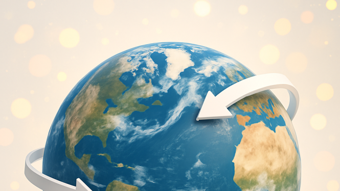 Zemeslode ar baltām bultiņām apkārt, kas norāda kustību un starptautisko sadarbību