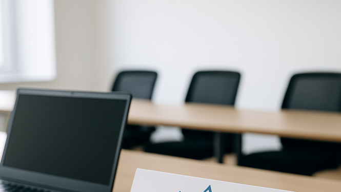 sanāksmju telpa, dators, galda karte ar LATAK logo, fona biroja krēsli