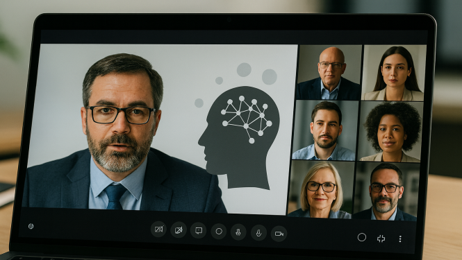 Dators, kurā notiek attālinātā sanāksme, attēlā redzami vairāki cilvēki, trīs sievietes un četri vīrieši, kas pieslēgušies sanāksmei attālināto