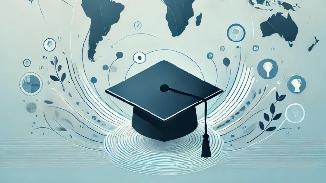 Zila pasaule karte, priekšplānā zila zinātnieka cepure, apkārt gaiši zils fons