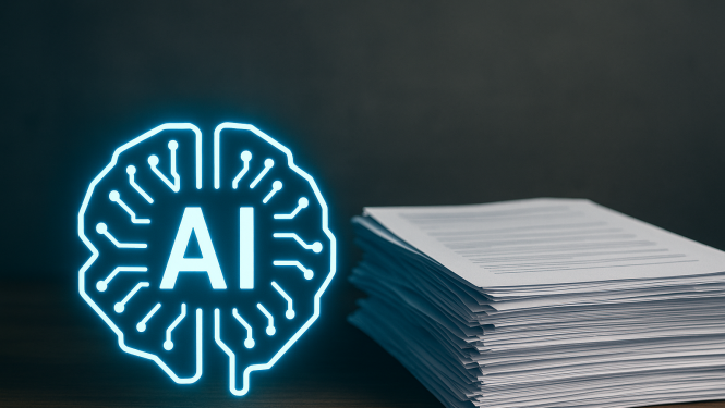 Dokumentu kaudze ar baltām lapām uz galda un kreisajā pusē attēlots mākslīgā intelekta elements ar AI burtiem vidū