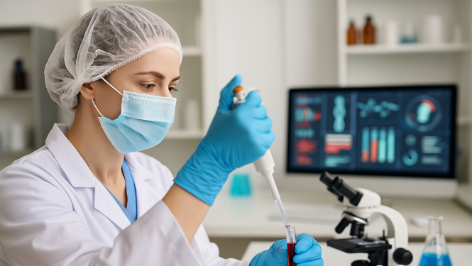 Sieviete ar medicīnisko sejas masku, zilos medicīniskos cimdos, laboratorijas telpās veic labroatorisko izmeklējumus