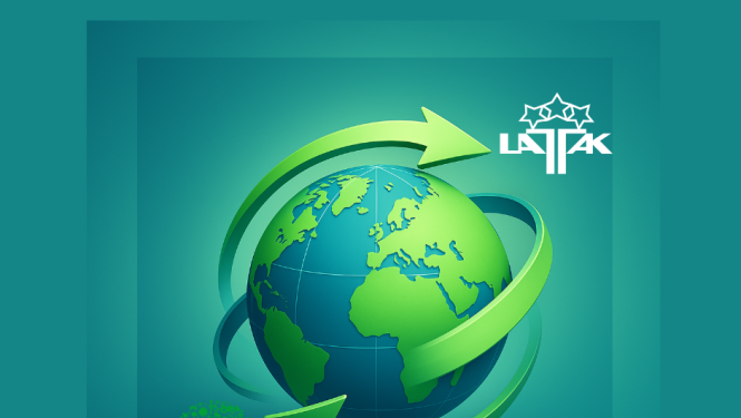 zemeslode, zaļas bultas tai apkārt, LATAK un GlobalGAP logotipi