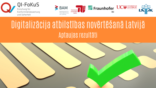 Logo ar pētījuma dalībniekie, pelēks fons ar dzeltenām svītrām un zaļu "pārbaudīts" zīmi