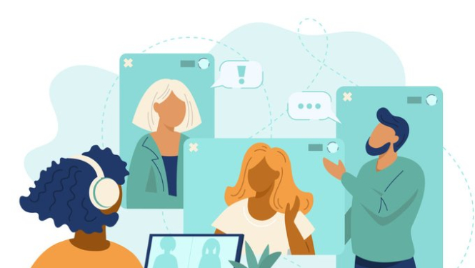 četri cilvēki, viens pie datora ar austiņām, trīs pārējie dažādās pozās. Trīs sievietes, viens vīrietis. Zīmējums.