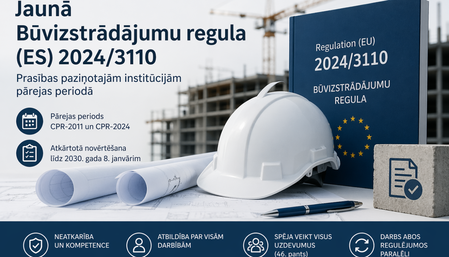 Attēlā redzama būvnieku ķiever balta, rasējumu 2 ruļļi, Regulas grāmatas attēlojums, kā arī saīsināts informatīvs teksts par jaunumiem saistītiem ar Regulu