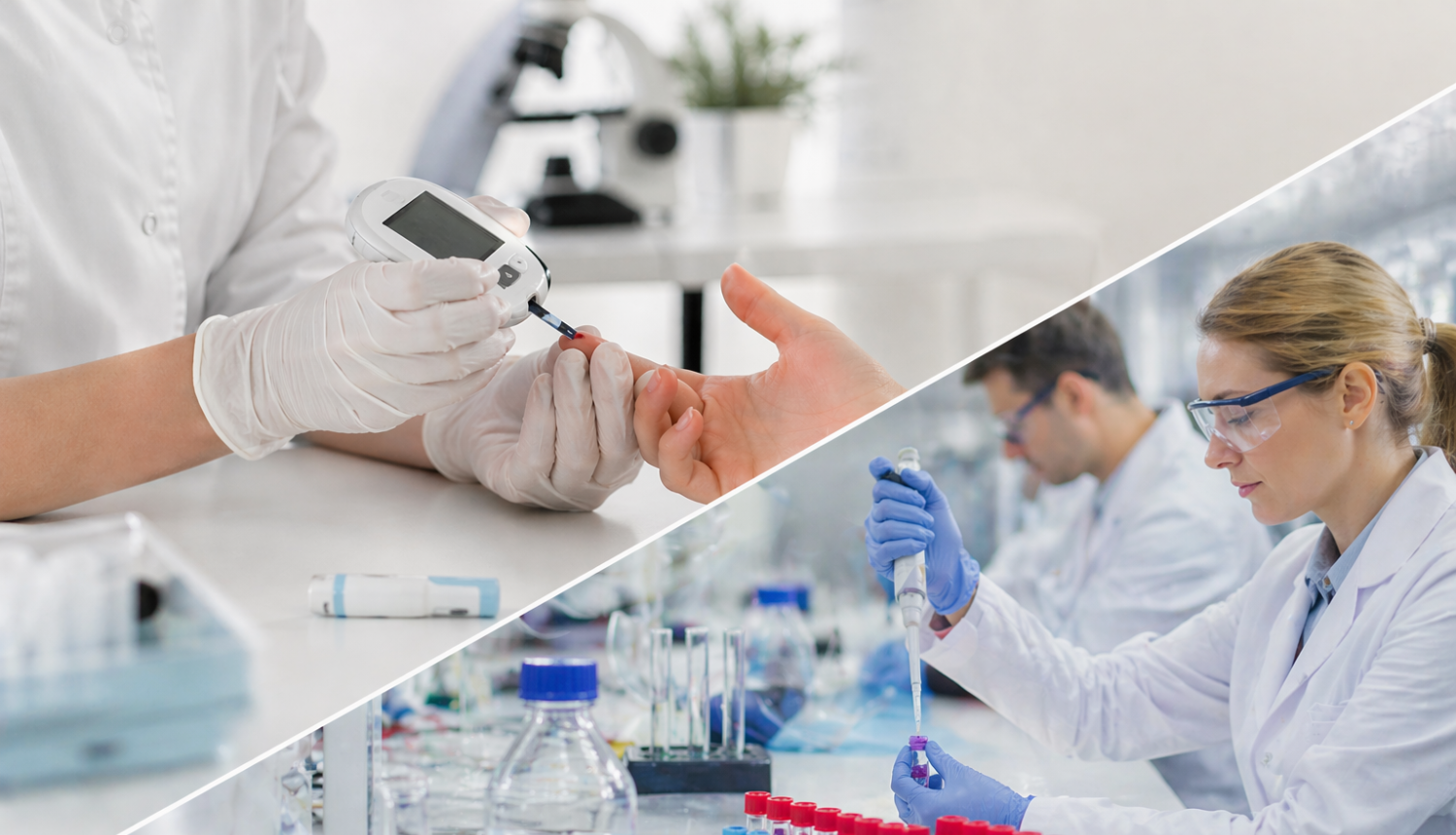 Attēls sadalīt divās daļās diagonāli, augšējā attēlā redzamas rokas, kur vienam tiek ņemts asinsparaugs no pirkta; otrā apakšējā attēlā ir redzama laboratorija, divi cilvēki strādā ar medicīnas laboratoriju priekšmetiem, kolbām, mēģenēm