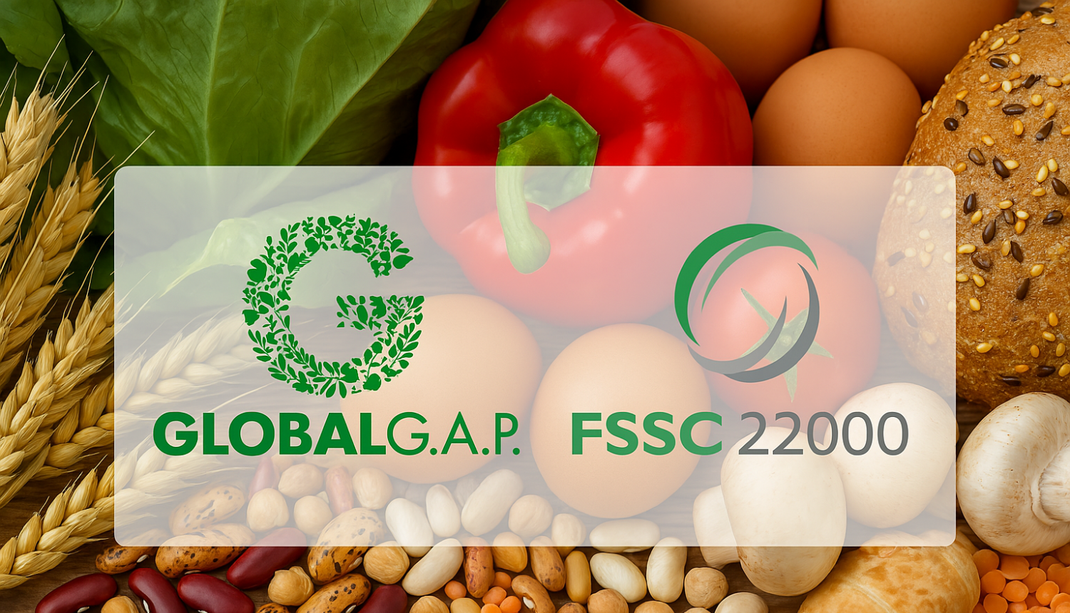 Fonā dažādi dārzeņi, maize, pupas, zirņi, olas, sēnes, priekšplānā GlobalGAP, FSSC un LATAK logo