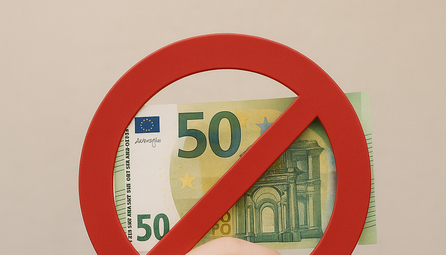 50 eiro naudas zīme, cilvēka roka, kas tur rokās aizlieguma zīmi sarkanā krāsā