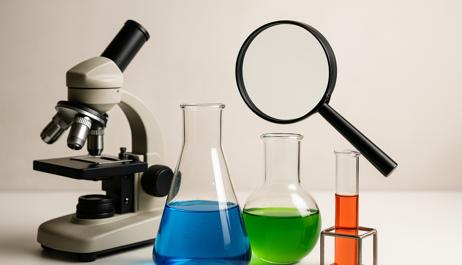 trīs dažādu izmēru kolbas ar šķidrumiem - zilā, zaļā, oranžā krāsā, palielināmais stikls, mikroskops