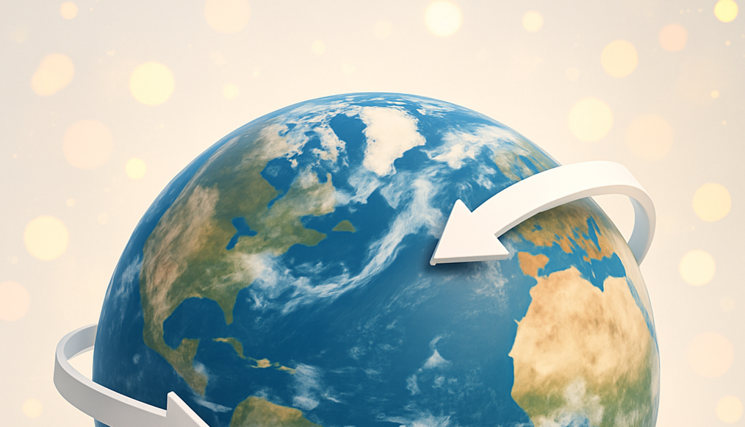 Zemeslode ar baltām bultiņām apkārt, kas norāda kustību un starptautisko sadarbību