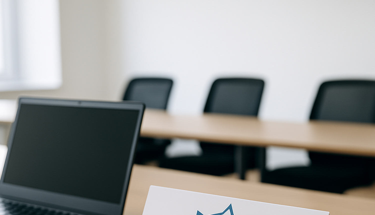 sanāksmju telpa, dators, galda karte ar LATAK logo, fona biroja krēsli