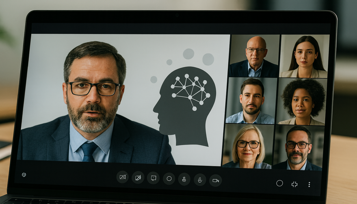 Dators, kurā notiek attālinātā sanāksme, attēlā redzami vairāki cilvēki, trīs sievietes un četri vīrieši, kas pieslēgušies sanāksmei attālināto