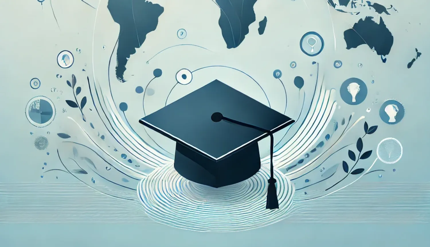 Zila pasaule karte, priekšplānā zila zinātnieka cepure, apkārt gaiši zils fons