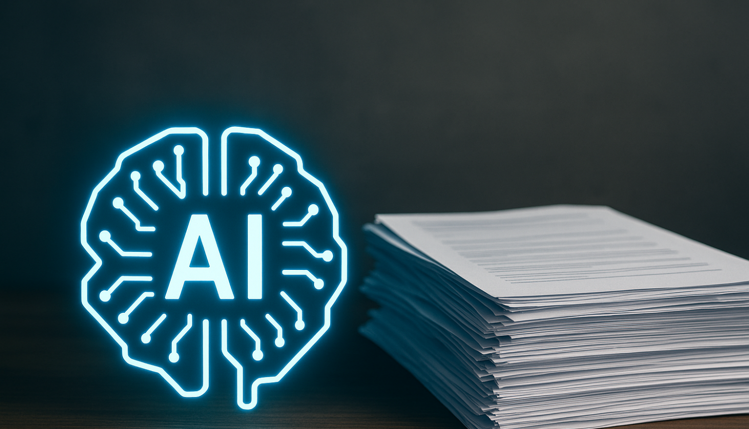 Dokumentu kaudze ar baltām lapām uz galda un kreisajā pusē attēlots mākslīgā intelekta elements ar AI burtiem vidū