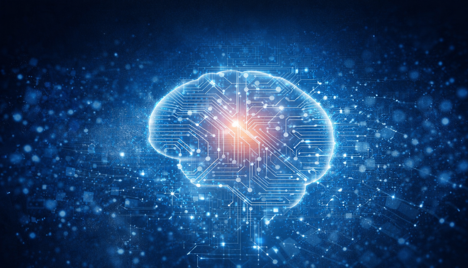 Zils fons ar spīdumu, vidū attēlotas izgaismotas smadzenes, tehniski elementi, lai attēls izskatītos futūrisks