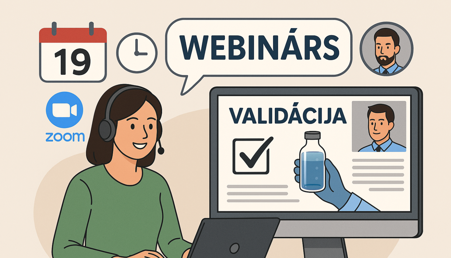 Sieviete ar austiņām un mikrofonu runā un priekšā tur portatīvo datoru, attēls ir ilustrācija