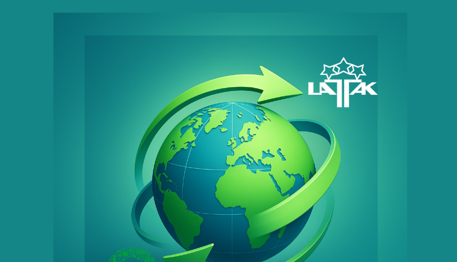 zemeslode, zaļas bultas tai apkārt, LATAK un GlobalGAP logotipi